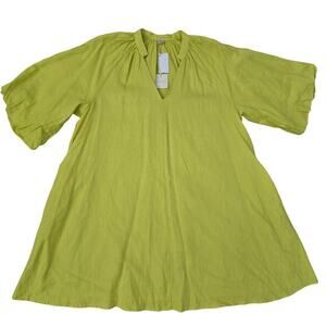 NWT Magaschoni Linen Dress L Lime Green Puff Sleeves Boho Resort Coastal Chic